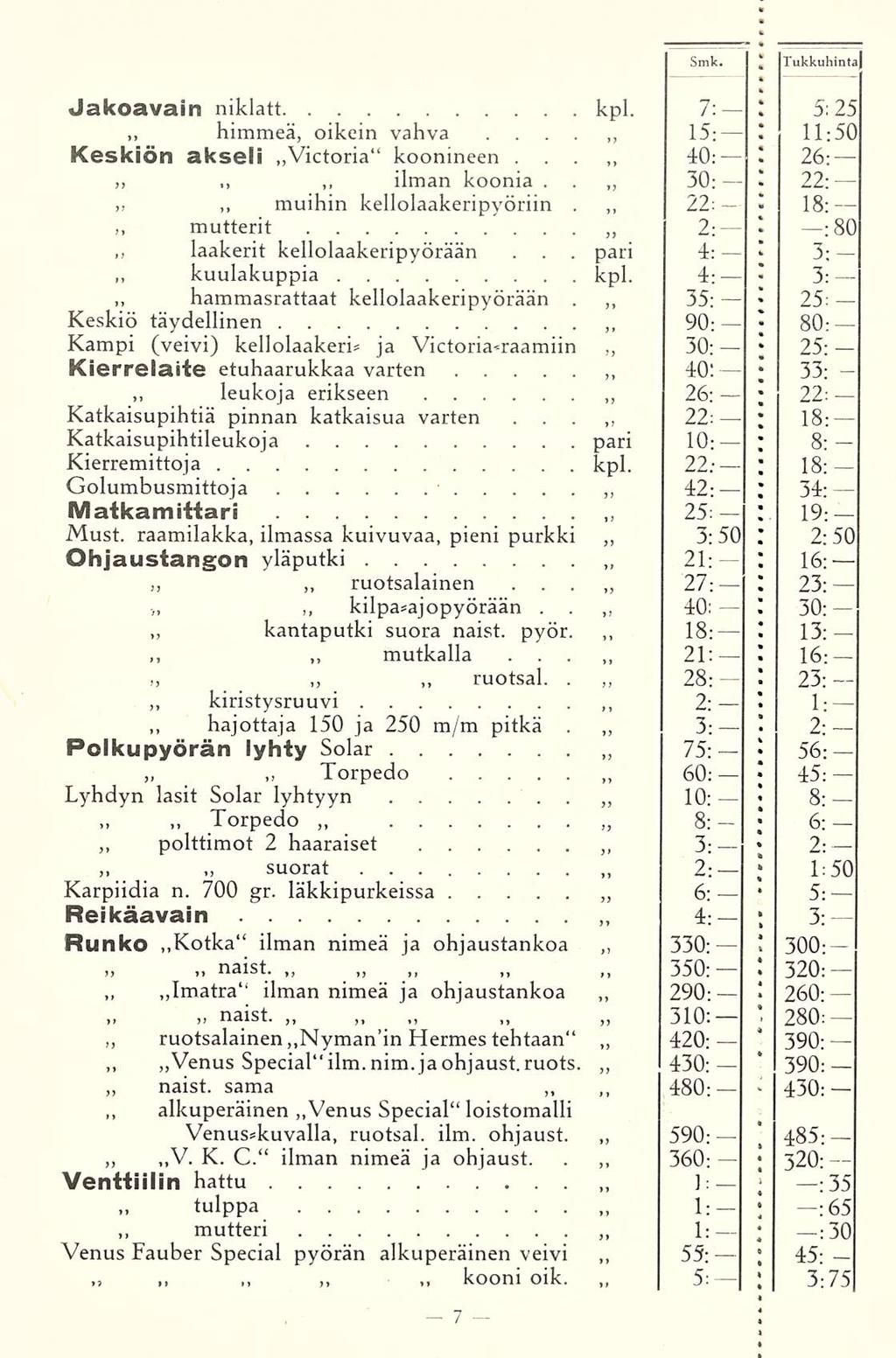 pari s: I ; 1 ; 1 1 I 1 ' Smk B Tukkuhinta Jakoavain niklatt kpl 7:!