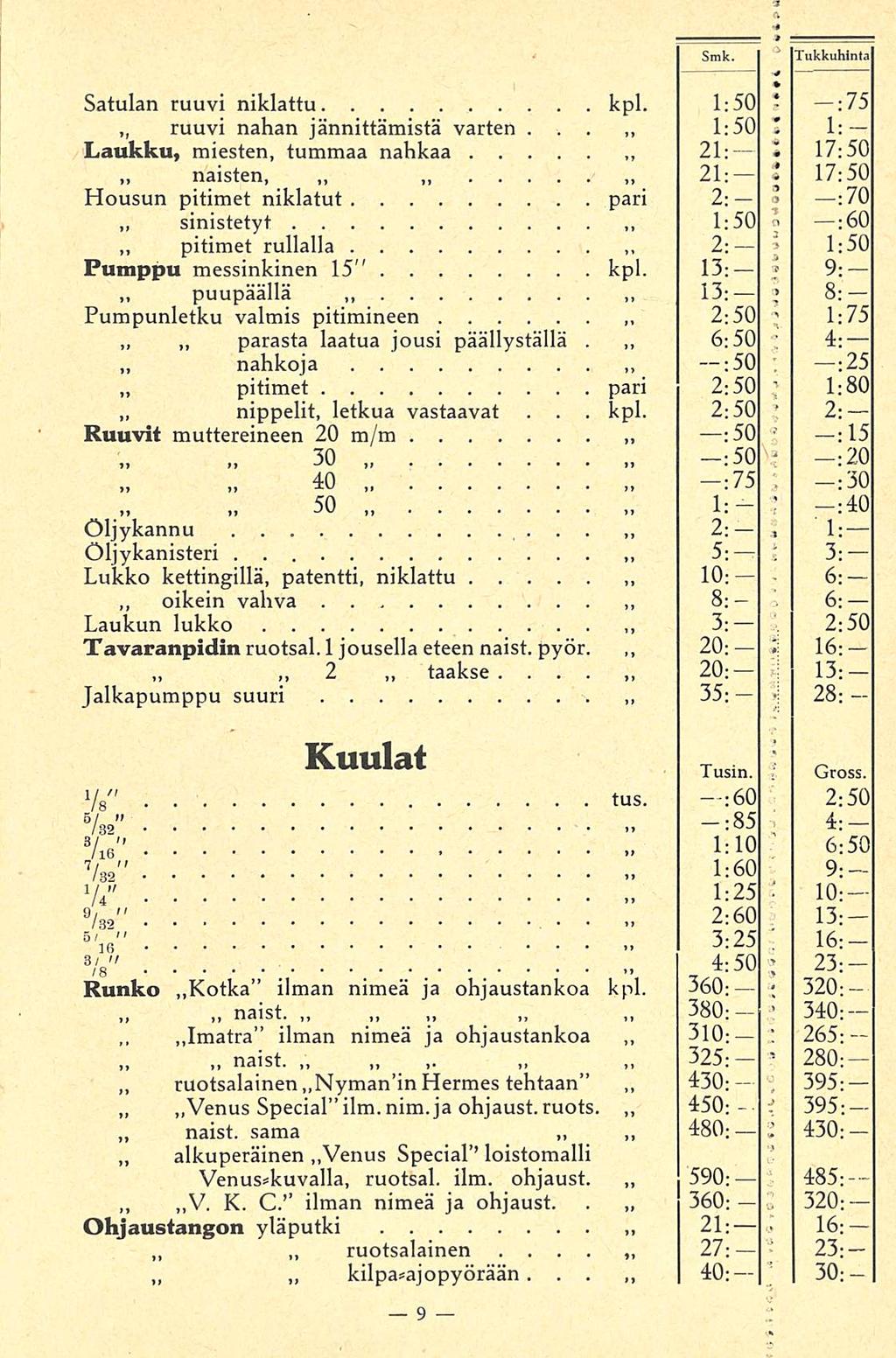 4O: 8; kpl 1; l j, ; Z : Smk Tukkuhinta Satulan ruuvi niklattu kpl 1:50 :75 ruuvi nahan jännittämistä varten 50 i 1: Laukku, miesten, tummaa nahkaa 21: 17:50 naisten, 21; 17:50 > Housun pitimet