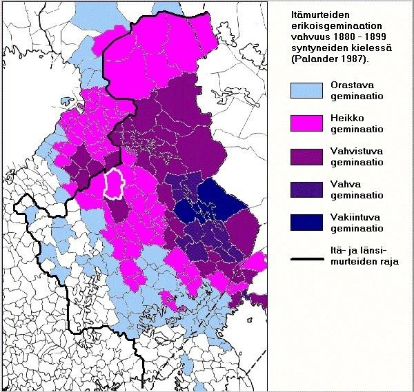 LIITE 2. Itämurteiden erikoisgeminaatio Marjatta Palanderin mukaan (1987: 51).