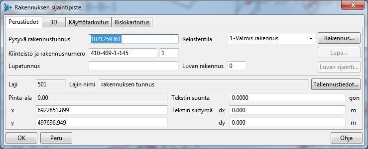 kuten kuvassa 4 Rakennuksen tunnus -pisteellä. (14, s. 32 36.) Kuva 4. Rakennuksen tunnus -pistekohteen ominaisuustiedot Locuksessa.