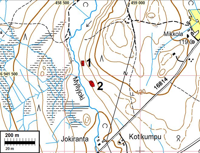 5 Paikka sijaitsee Konneveden kirkosta 7,04 km länteen, maantieltä 16814 500 m luoteeseen, Myllyjoen uoman länsipuolella olevalla terassilla.