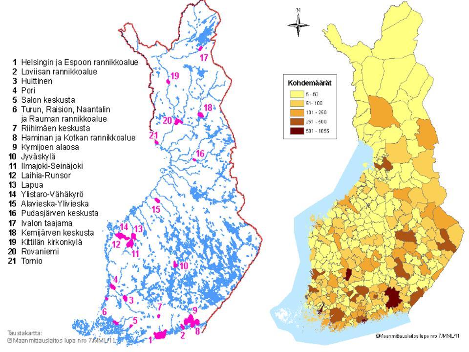 Kuva 3. Merkittävimmät tulvariskialueet Suomessa. Kartta sisältää vesistöjen tai merenpinnan noususta aiheutuvat tulvariskit (Rissanen ym. 2013). Kuva 4.