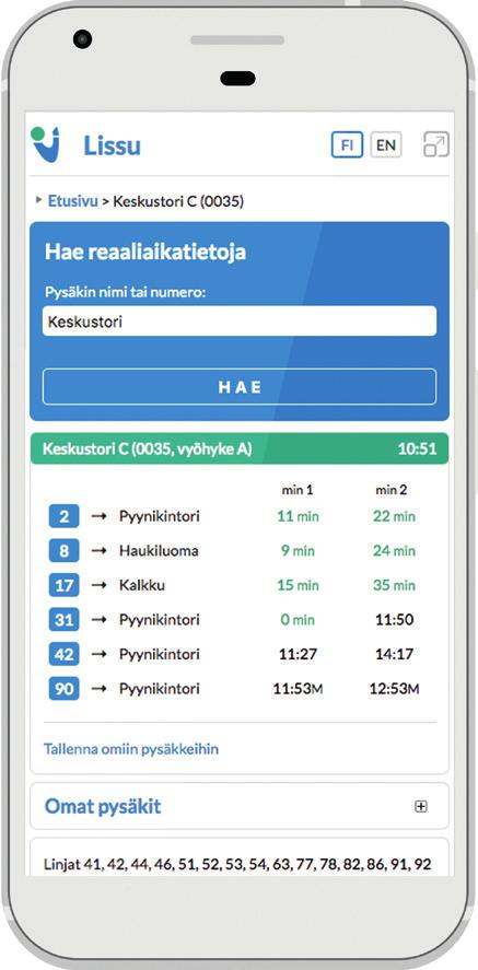 Lissssa bssin saapmisaika näkyy mintteina (esim. 7 minttia).