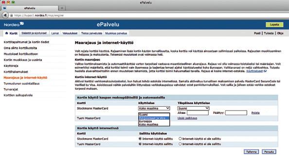 Kortin maarajaus ja internet-käyttö turvallisuutta kortin käyttöön ja verkko-ostoihin Voit määritellä ja rajata korttisi käyttöä.