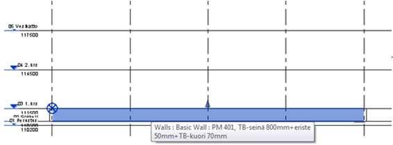 Arkkitehti vastaa koordinaatiston määrittämisestä. (YTV2012 osa 3, s. 5) Kuva 2. Projekti-origo(origo) on määritelty pohjois- ja eteläsuunnassa 2 m päähän projektipisteestä.