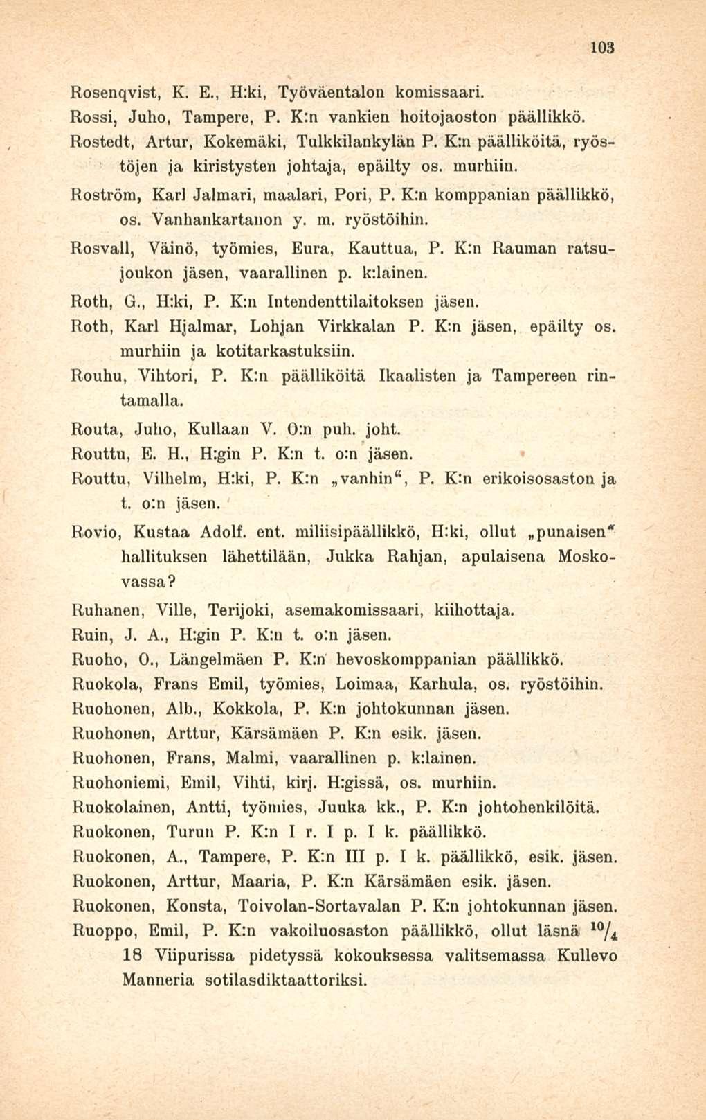 103 Rosenqvist, K. E., H:ki, Työväentalon komissaari. Rossi, Juho, Tampere, P. K:n vankien hoitojaoston päällikkö. Rostedt, Artur, Kokemäki, Tulkkilankylän P.