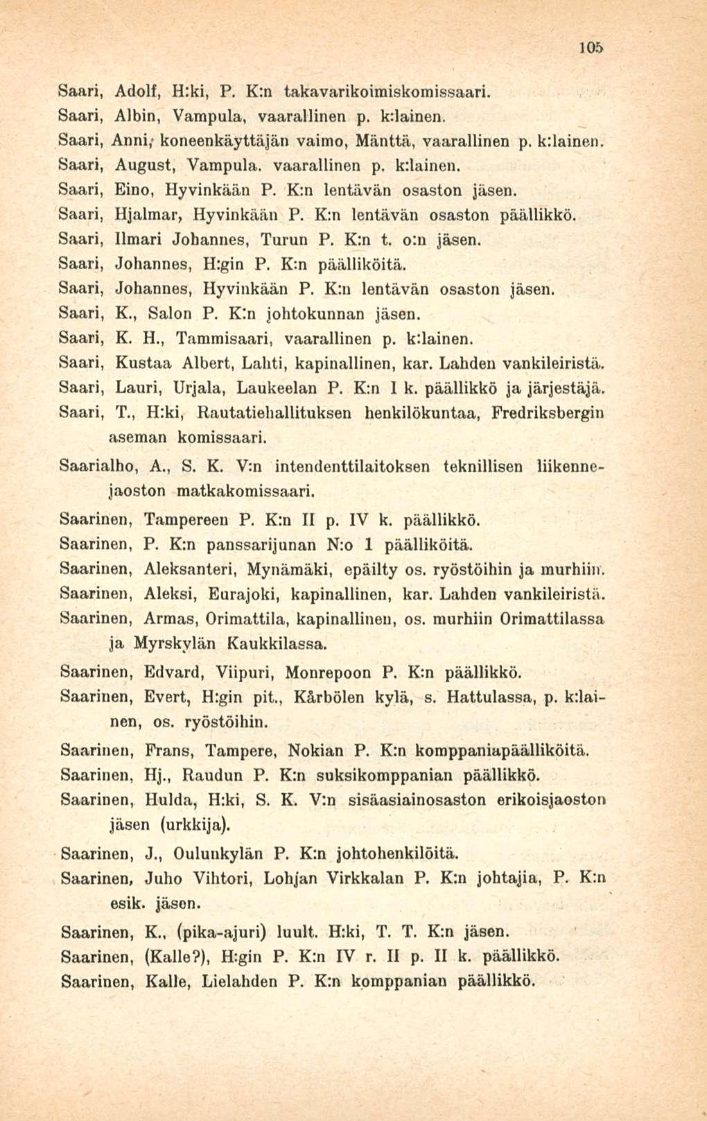 105 Saari, Adolf, H:ki, P. K:n takavarikoimiskomis,saari. Saari, Albin, Vampula, vaarallinen p. kdainen. Saari, Anni,- koneenkäyttäjän vaimo, Mänttä, vaarallinen p. k:lainen.