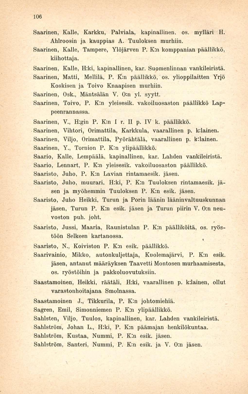 106 Saarinen, Kalle, Karkku, Palviala, kapinallinen, os. mylläri H. Ahlroosin ja kauppias A. Tuuloksen murhiin. Saarinen, Kalle, Tampere, Ylöjärven P. K:n komppanian päällikkö, kiillottaja.