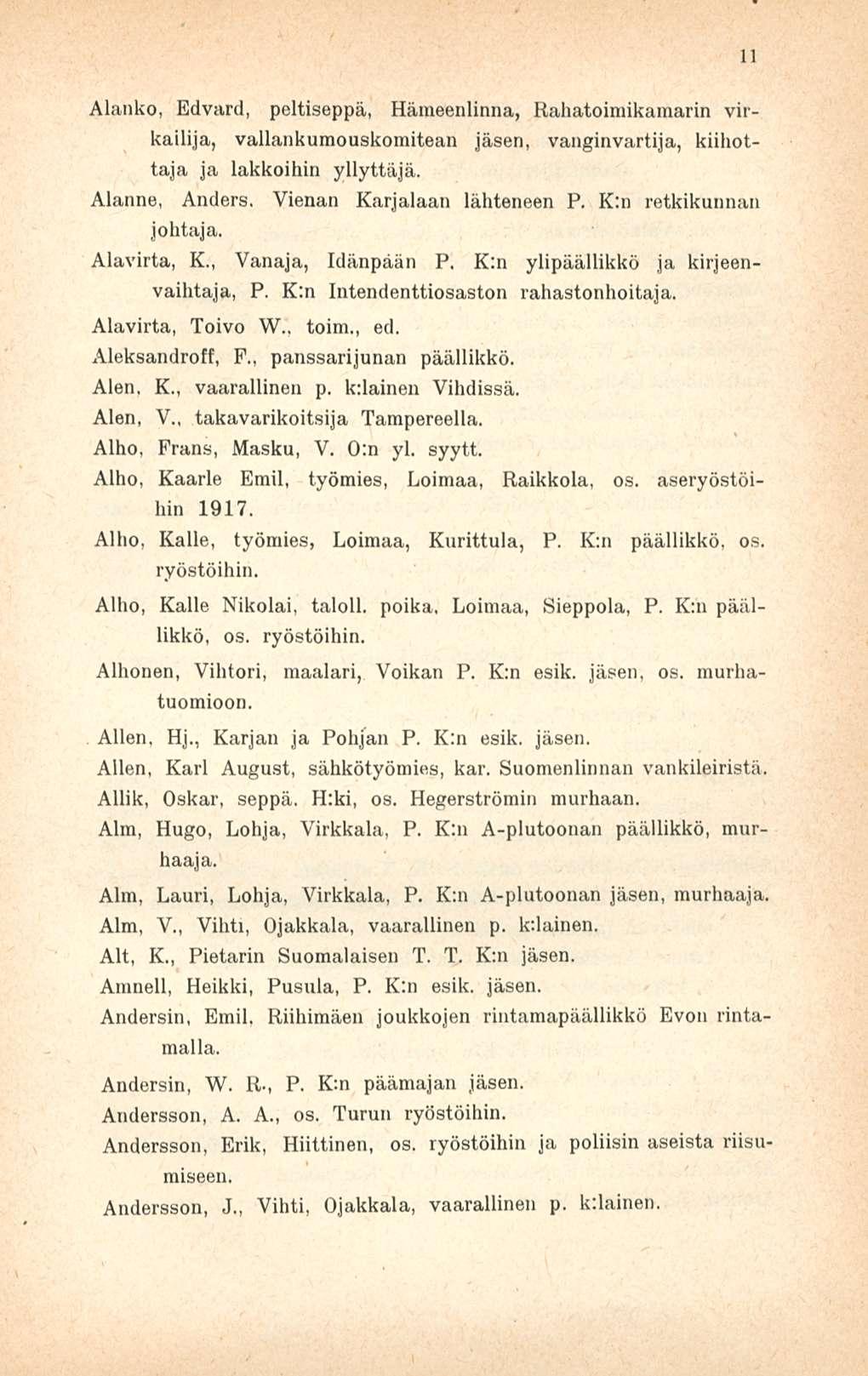 Alanko, Edvard, peltiseppä, Hämeenlinna, Rahatoimikamarin virkailija, vallankumouskomitean jäsen, vanginvartija, kiillottaja ja lakkoihin yllyttäjä. Alanne, Anders. Vienan Karjalaan lähteneen P.