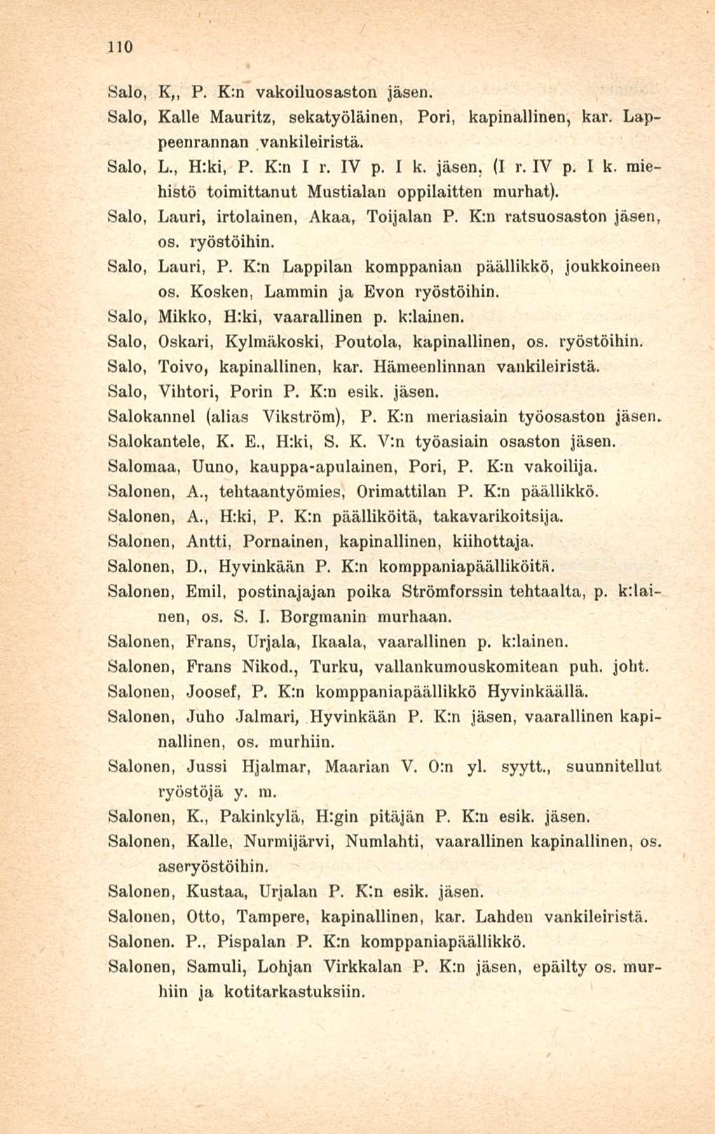 110 Salo, K,, P. K:n vakoiluosaston Salo, Kalle Mauritz, sekatyöläinen, Pori, kapinallinen, kar. Lappeenrannan vankileiristä. Salo, L., H:ki, P. K:n I r. IV p. I k.