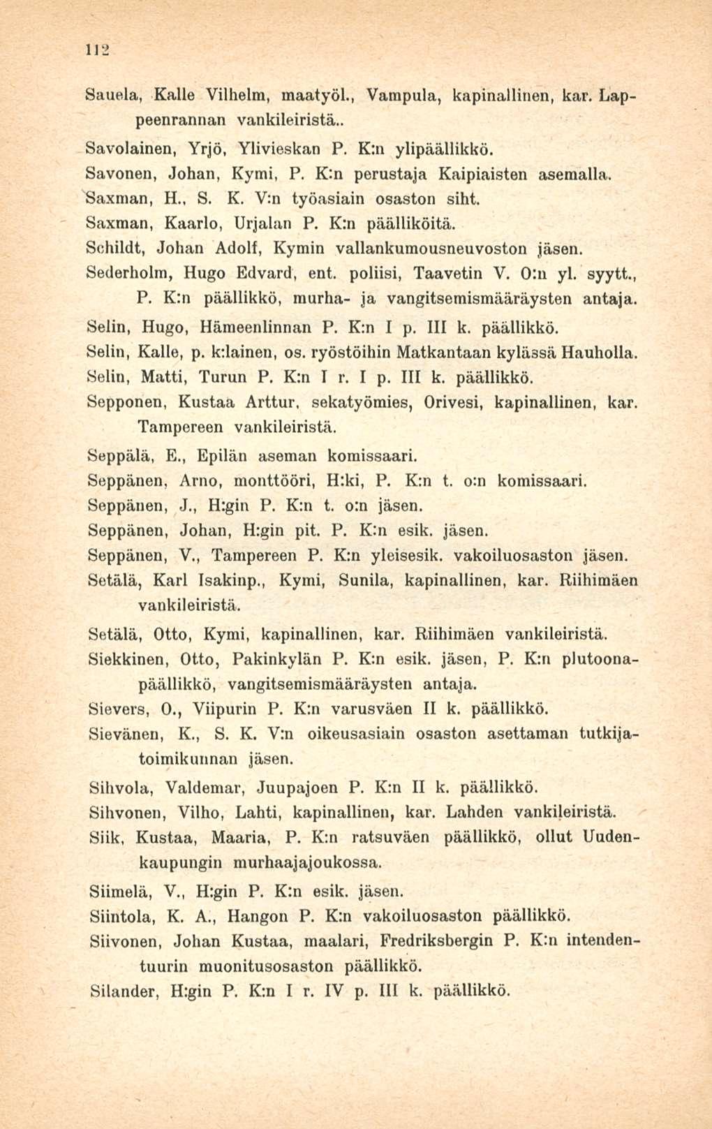 112 Vampula, kapinallinen, kar. Lap- Sauela, Kalle Vilhelm, maatyöl., peenrannan vankileiristä.. Savolainen, Yrjö, Ylivieskan P. K:n ylipäällikkö. Savonen, Johan, Kymi, P.
