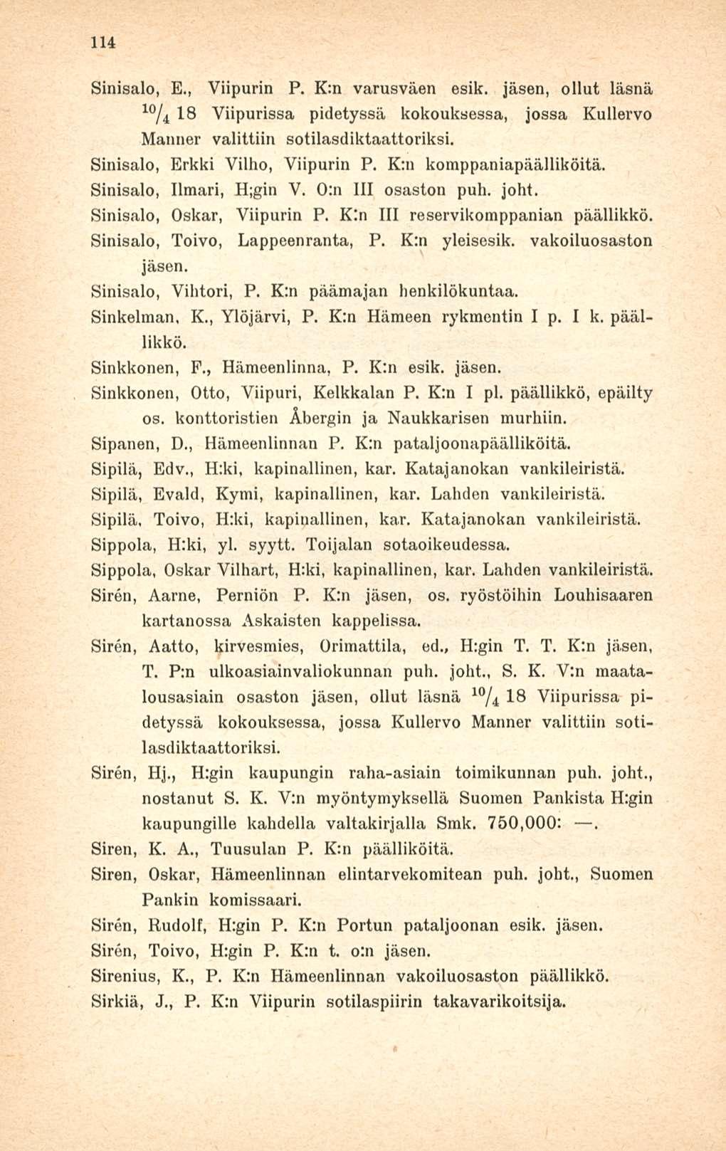 114 Sinisalo, E., Viipurin P. K:n varusväen esik. jäsen, ollut läsnä 10 /4 18 Viipurissa pidetyssä kokouksessa, jossa Kullervo Manner valittiin sotilasdiktaattoriksi.