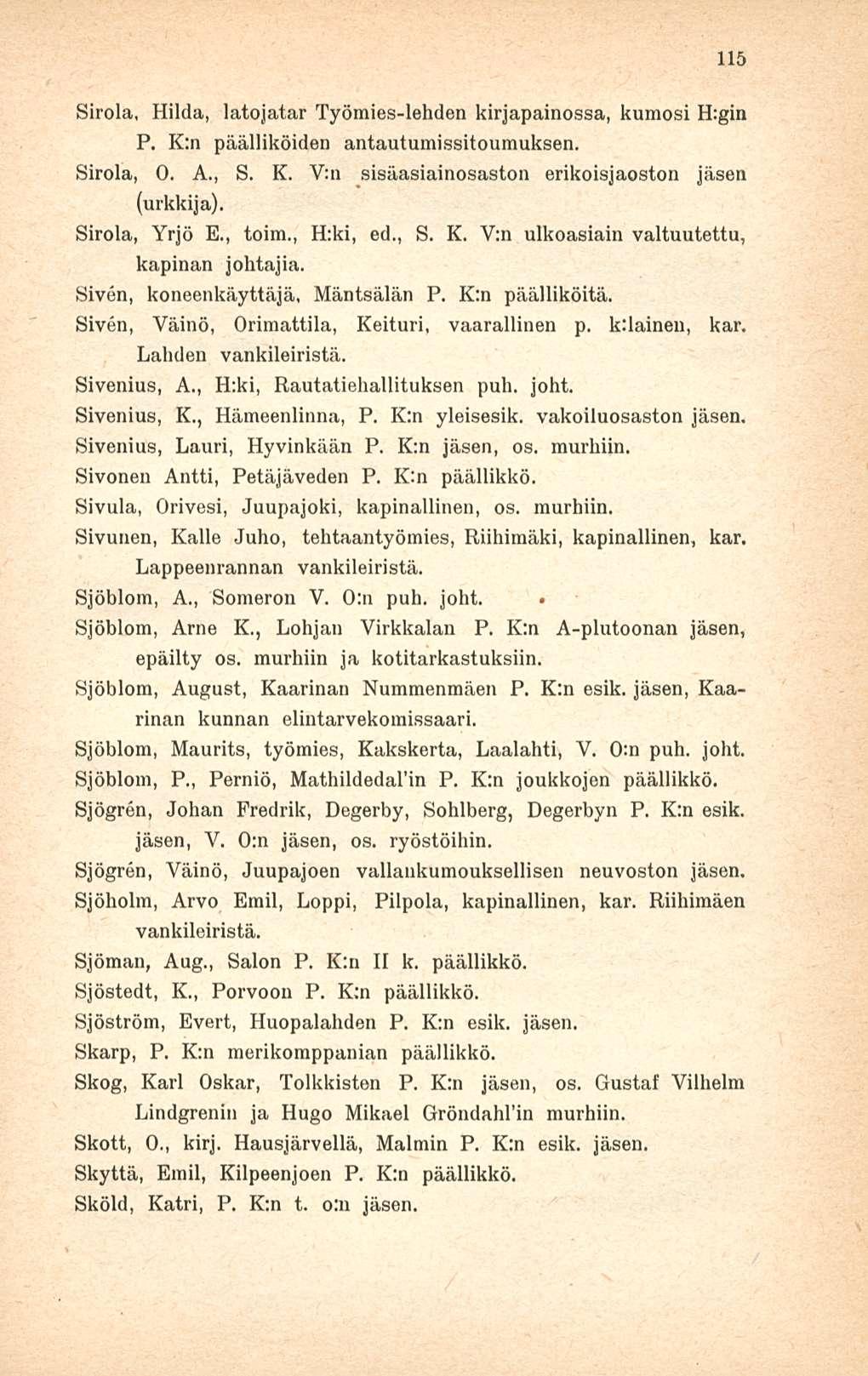 115 Sirola, Hilda, latojatar Työmies-lehden kirjapainossa, kumosi H:gin P. K:n päälliköiden antautumissitoumuksen. Sirola, 0. A., S. K. V:n sisäasiainosaston erikoisjaoston jäsen (urkkija).
