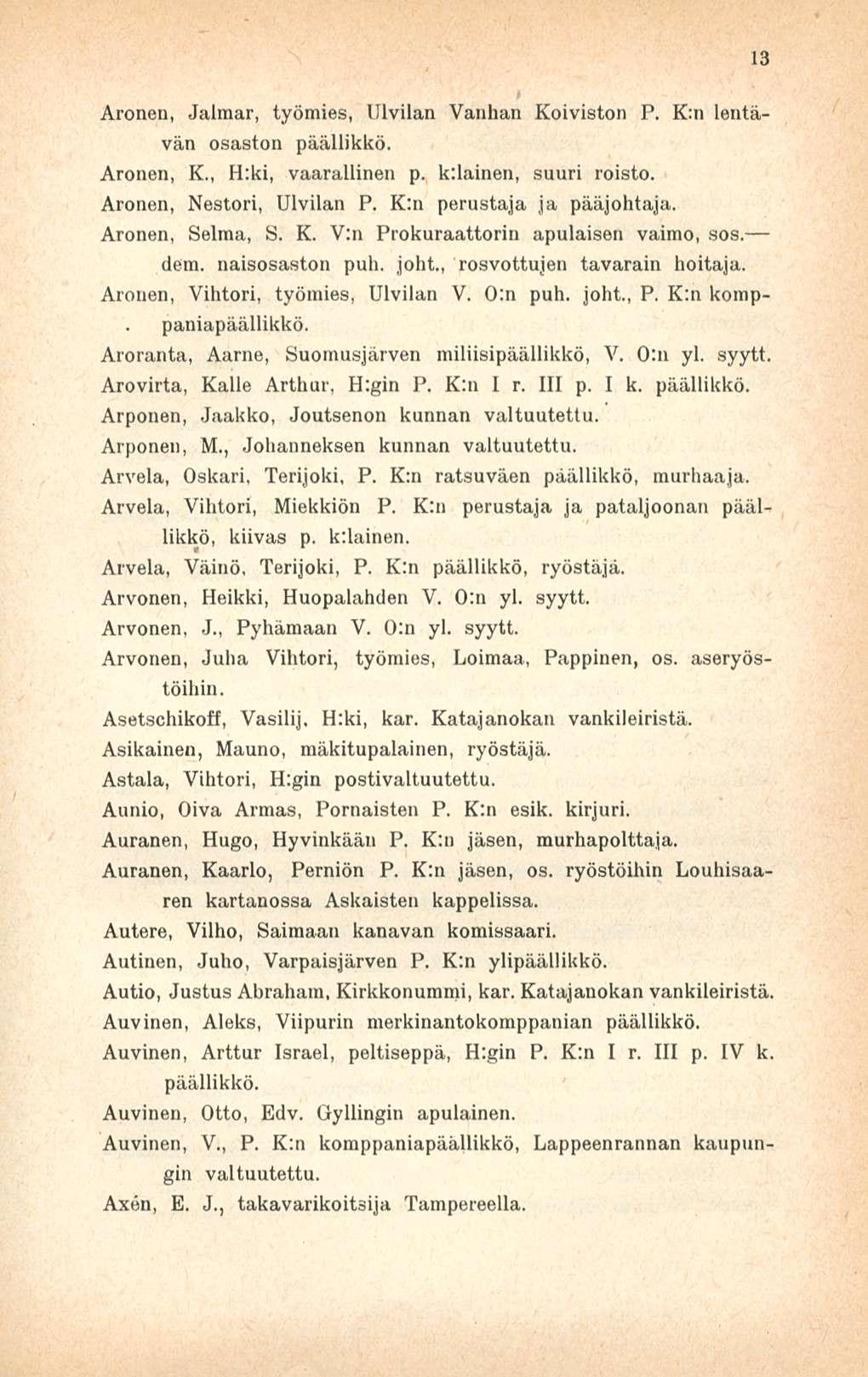 Aronen, Jalmar, työmies, Ulvilan Vanhan Koiviston P. K:n lentävän osaston päällikkö. Aronen, K., H:ki, vaarallinen p. k:lainen, suuri roisto. Aronen, Nestori, Ulvilan P. K:n perustaja ja pääjohtaja.