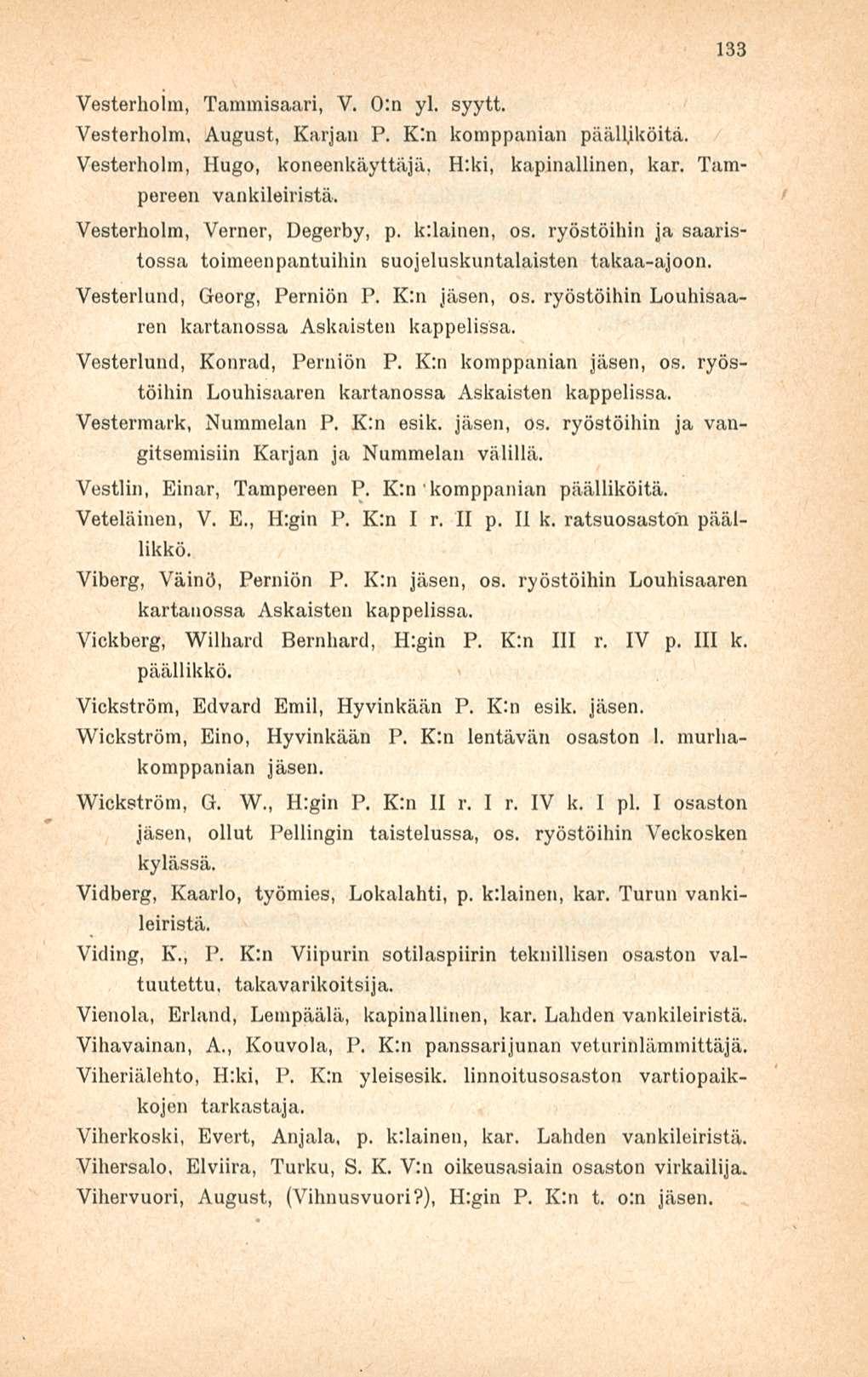 Vesterholm, Tammisaari, Y. 0:n yl. syyti Vesterholm, August, Karjan P. Kln komppanian päälliköitä. Vesterholm, Hugo, koneenkäyttäjä, H:ki, kapinallinen, kar. Tampereen vankileiristä.