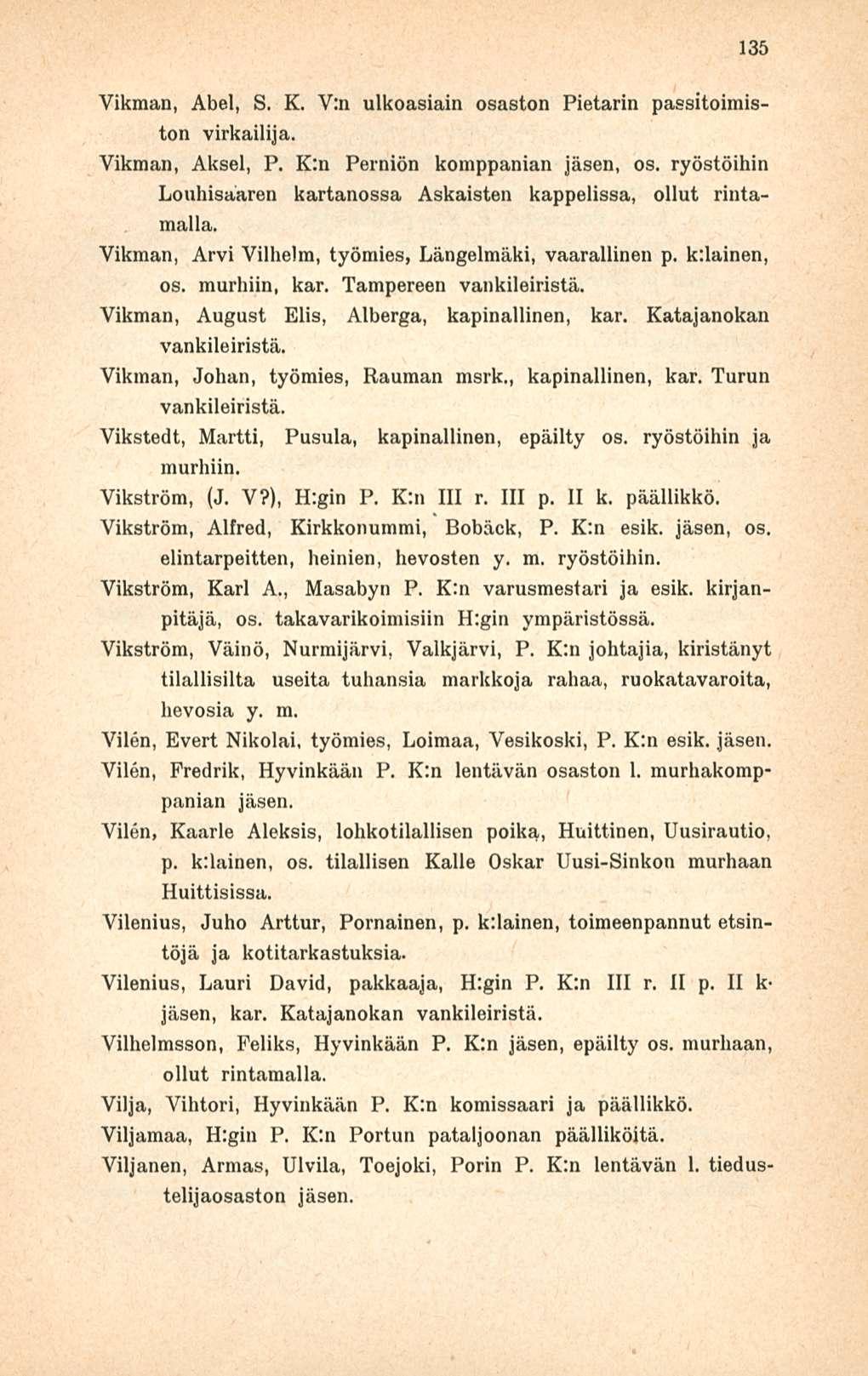 135 Vikman, Abel, S. K. V:n ulkoasiain osaston Pietarin passitoimiston virkailija. Vikman, Aksel, P. K:n Perniön komppanian jäsen, os.