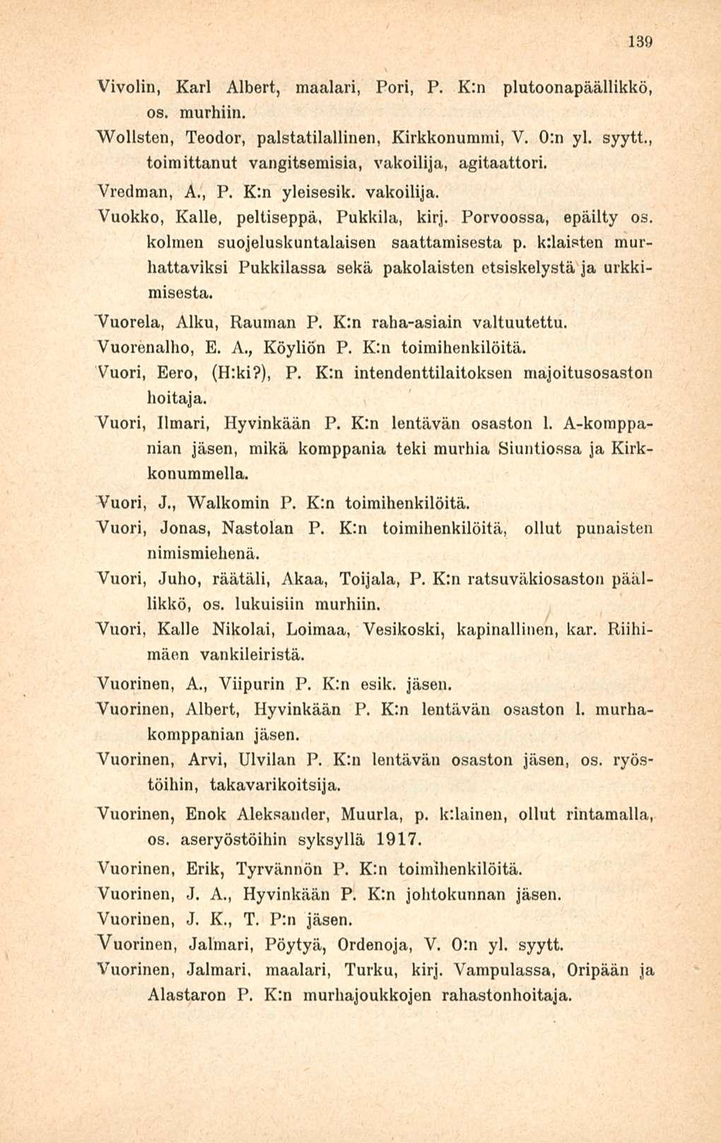 139 Vivolin, Karl Albert, maalari, Pori, P. K:n plutoonapäällikkö, os. murhiin. Wollsten, Teodor, palstatilallinen, Kirkkonummi, V. 0:n yl. syytt., toimittanut vangitsemisia, vakoilija, agitaattori.