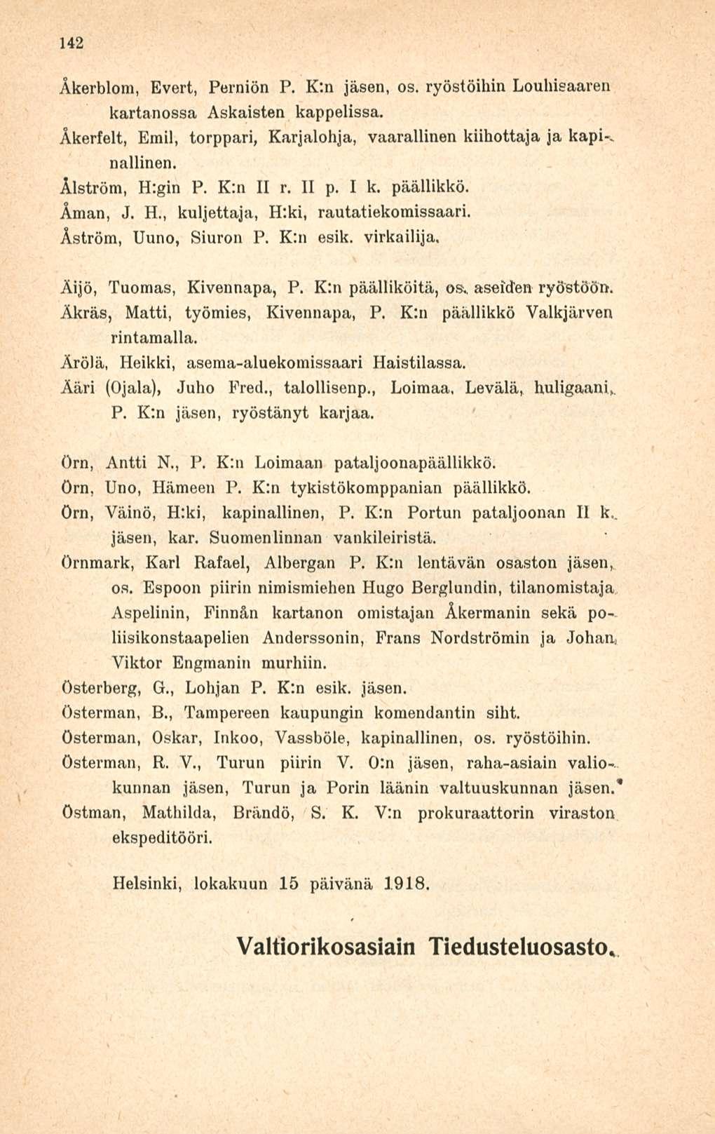 142 Åkerblom, Evert, Perniön P. K:n jäsen, os. ryöstöihin Louhisaaren kartanossa Askaisten kappelissa. Åkerfelt, Emil, torppari, Karjalohja, vaarallinen kiihottaja ja kapi-, nallinen.