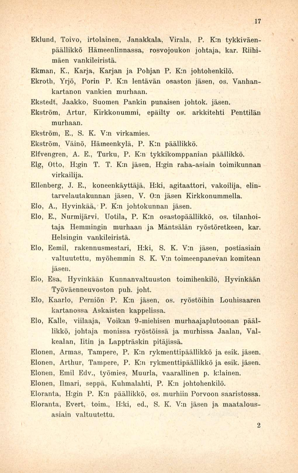 Eklund, Toivo, irtolainen, Janakkala, Virala, P. K:n tykkiväenpäällikkö Hämeenlinnassa, rosvojoukon johtaja, kar. Riihimäen vankileiristä. Ekman, K., Karja, Karjan ja Pohjan P. K:n johtohenkilö.