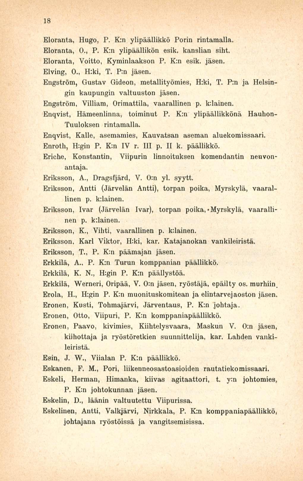 18 Eloranta, Hugo, P. K;n ylipäällikkö Porin rintamalla. Eloranta, 0., P. K:n ylipäällikön esik. kanslian siht. Eloranta, Voitto, Kyminlaakson P. K;n esik. Elving, 0., H:ki, T.
