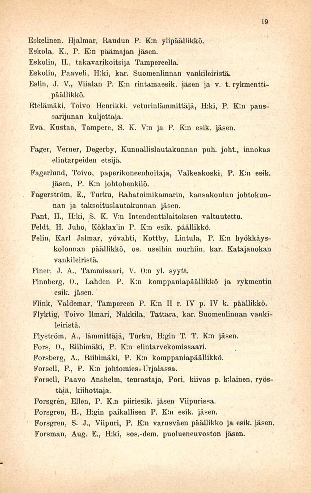 Eskelinen. Hjalmar, Raudun P. K:n ylipäällikkö. Eskola, K., P. K:n päämajan Eskolin, H., takavarikoitsija Tampereella. Eskoliu, Paaveli, H:ki, kar. Suomenlinnan vankileiristä. Esiin, J. V., Viialan P.