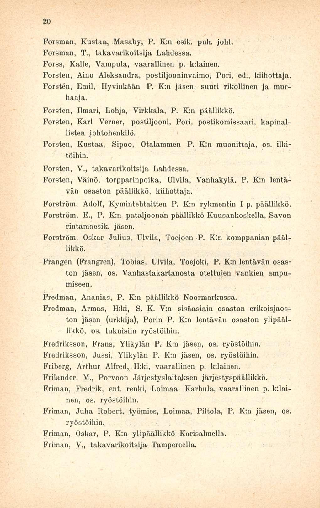 20 Forsman, Kustaa, Masaby, P. K:n osik. puh. joht. Forsman, T., takavarikoitsija Lahdessa. Forss, Kalle, Vampula, vaarallinen p. kilainen. Forsten, Aino Aleksandra, postiljooninvaimo, Pori, ed.
