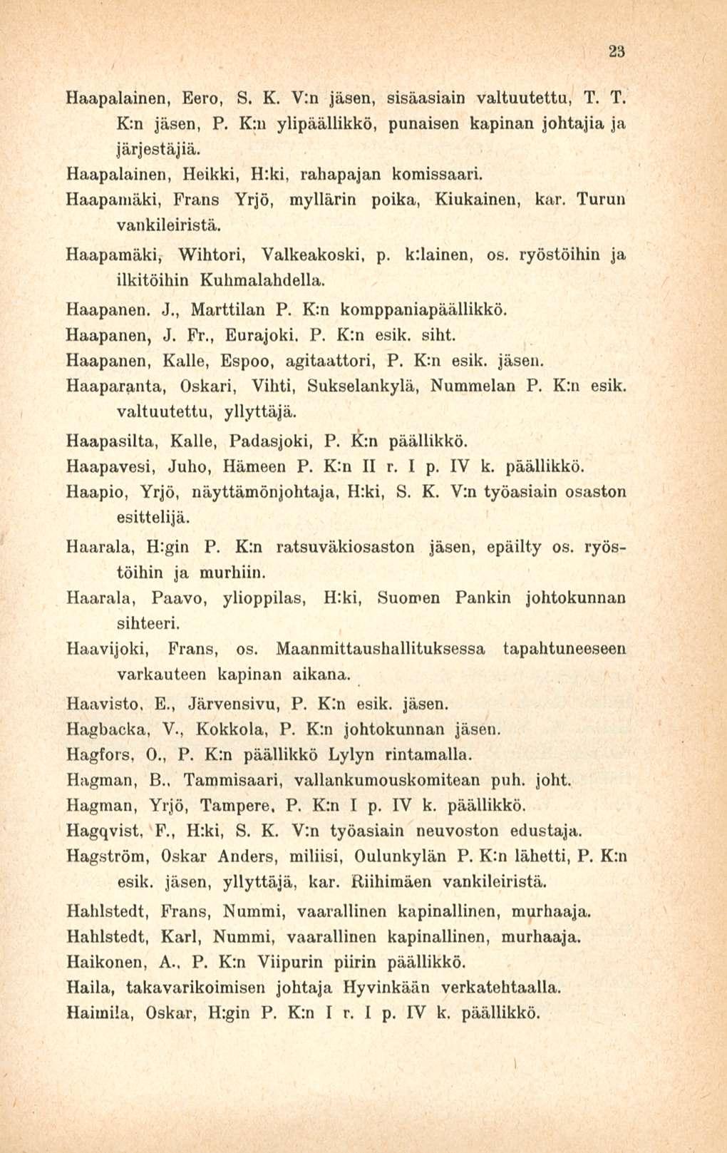 Haapalainen, Eero, S. K. V:n Jäsen, sisäasiain valtuutettu, T. T. K:n Jäsen, P. K;u ylipäällikkö, punaisen kapinan johtajia ja järjestäjiä. Haapalainen, Heikki, H:ki, rahapajan komissaari.