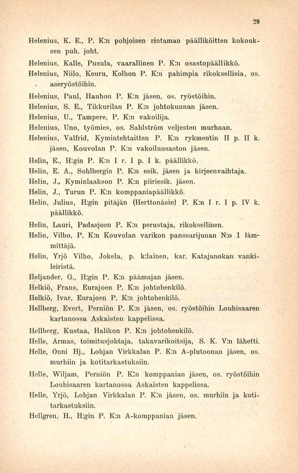 Helenius, K. E., P. K:n pohjoisen rintaman päälliköitten kokouksen puh. joht. Helenius, Kalle, Pusula, vaarallinen P. K:n osastopäällikkö. Helenius, Niilo, Keuru, Kolhon P.