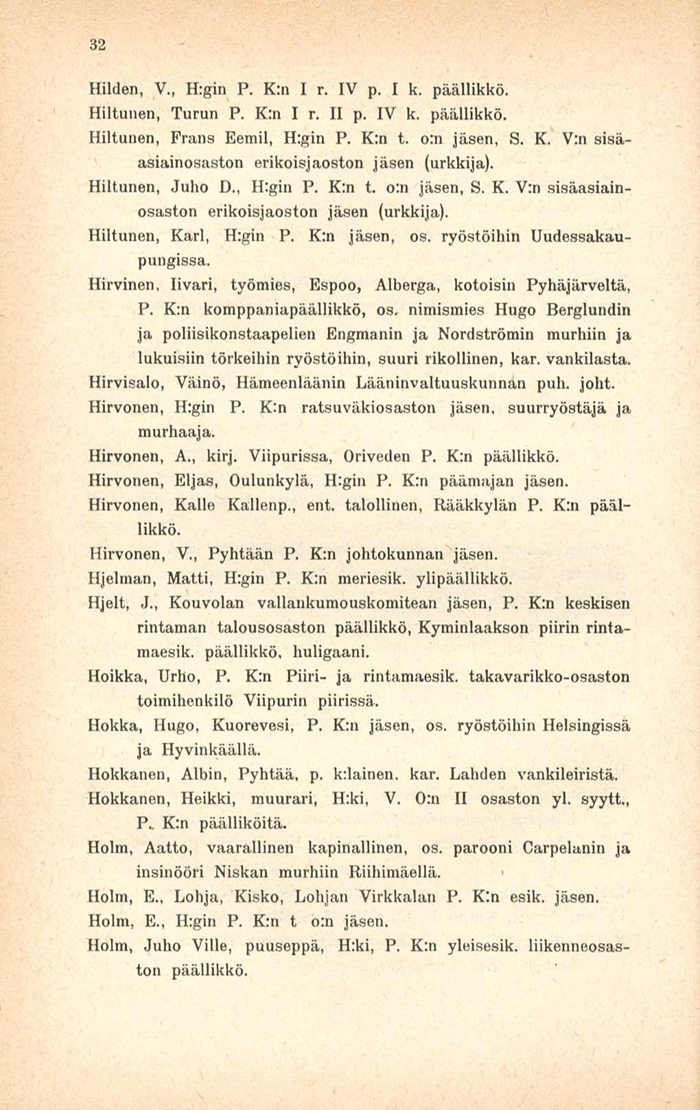 32 Hilden, V., H:gin P. K:n I r. IV p. I k. päällikkö. Hiltunen, Turun P. K:n I r. II p. IV k. päällikkö. Hiltunen, Frans Eemil, H:gin P. K:n t. o:n jäsen, S. K. V:n sisäasiainosaston erikois]aoston jäsen (urkkija).