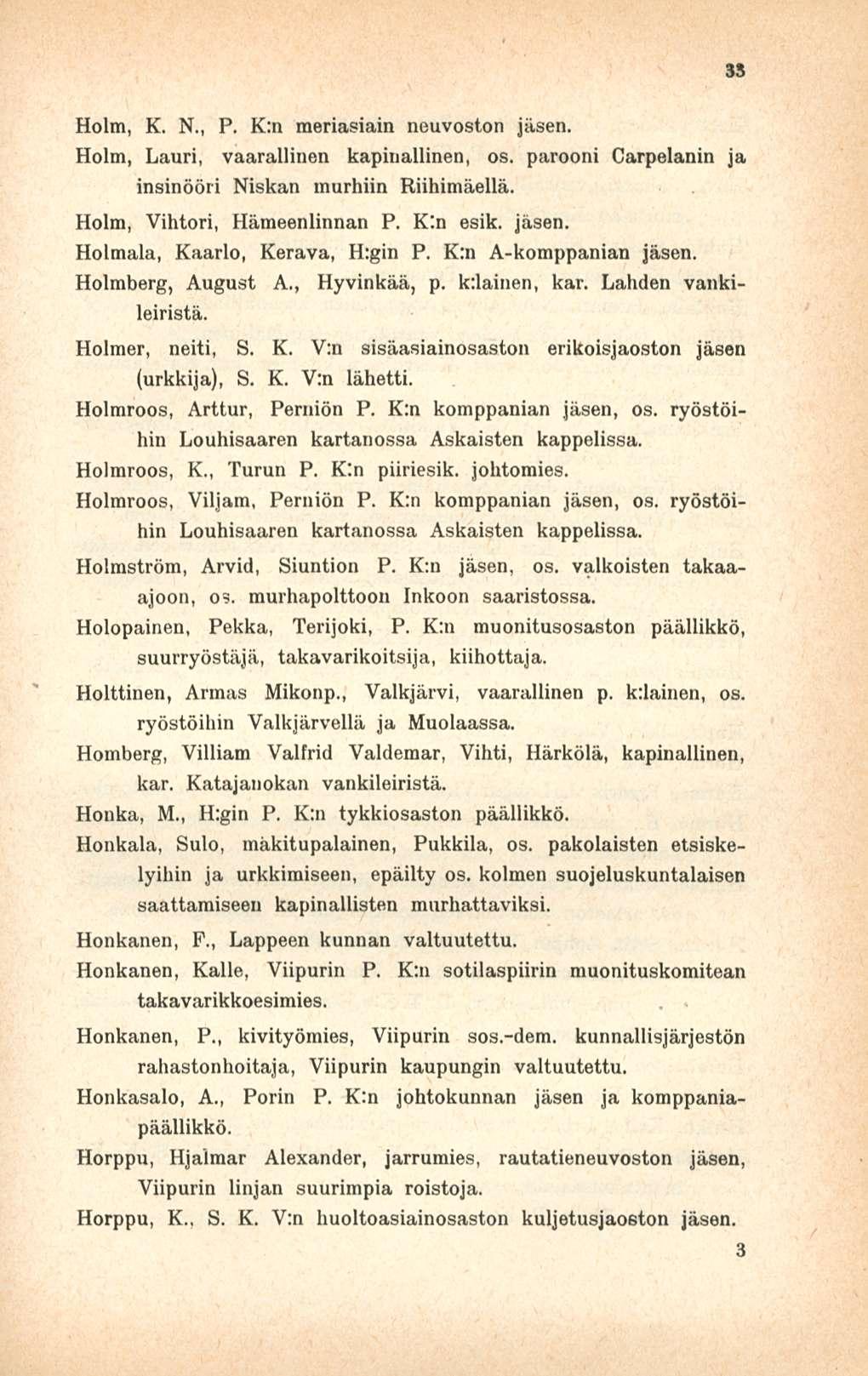33 Holm, K. N., P. K:n meriasiain neuvoston Holm, Lauri, vaarallinen kapinallinen, os. parooni Carpelanin ja insinööri Niskan murhiin Riihimäellä. Holm, Vihtori, Hämeenlinnan P. K.n esik.