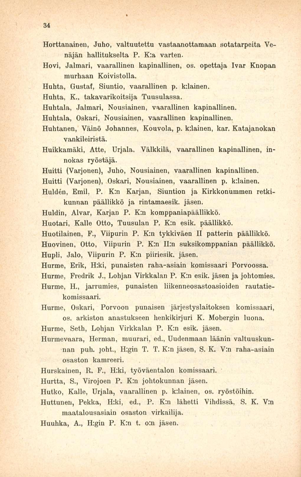 34 Horttanainen, Juho, valtuutettu vastaanottamaan sotatarpeita Venäjän hallitukselta P. K:a varten. Hovi, Jalmari, vaarallinen kapinallinen, os. opettaja Ivar Knopan murhaan Koivistolla.