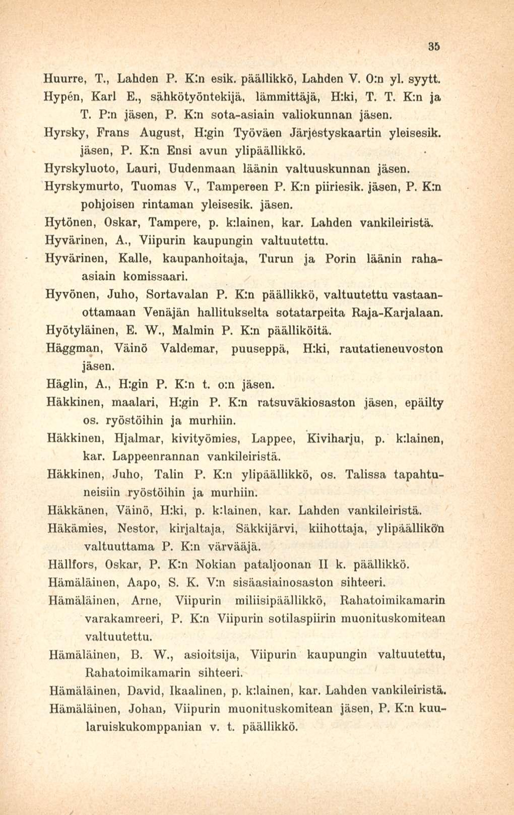 Huurre, T., Lahden P. K:n esik. päällikkö, Lahden V. 0:n yl. syytt. Hypen, Karl E., sähkötyöntekijä, lämmittäjä, H:ki, T. T. K;n ja T. P:n jäsen, P.