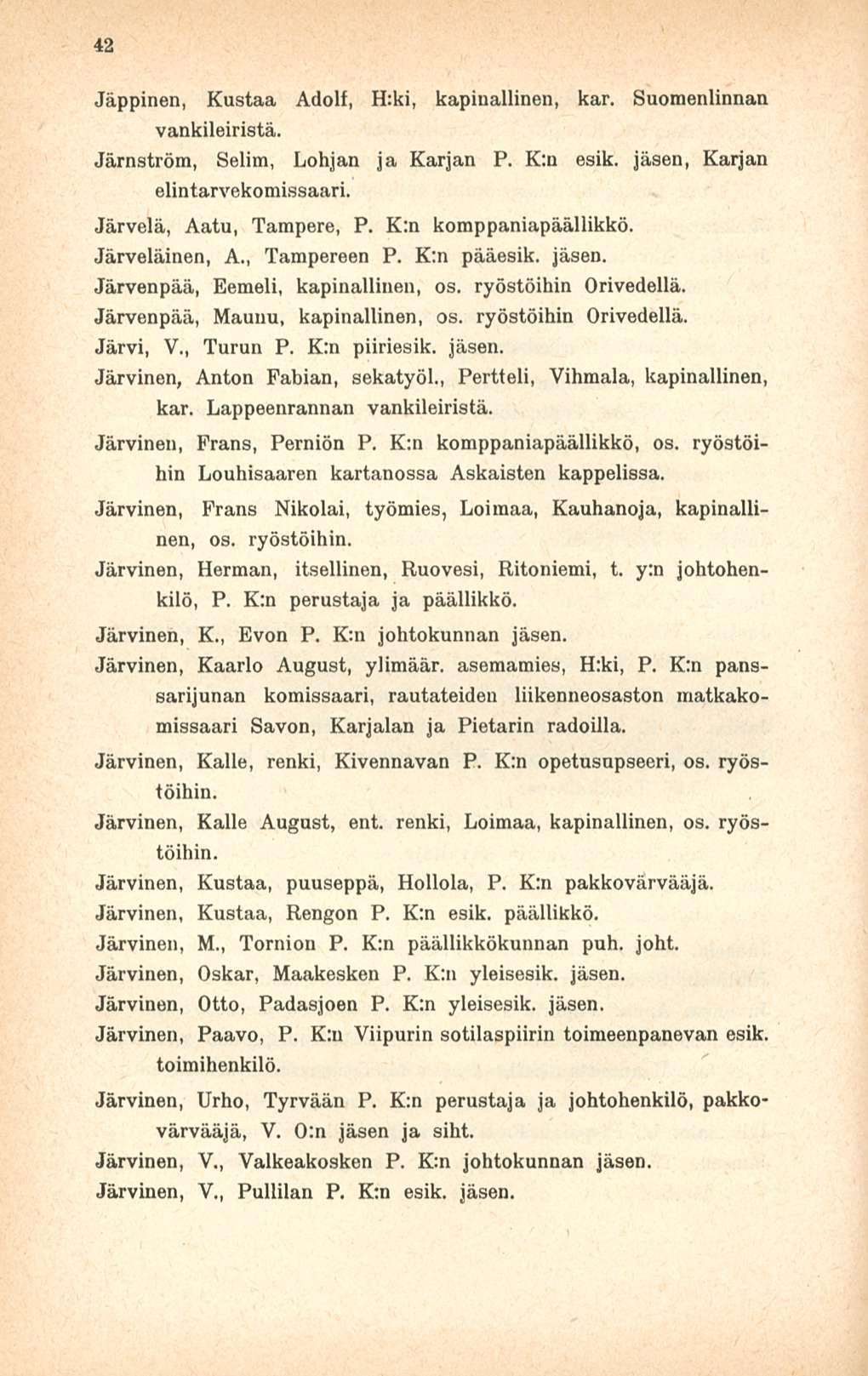 42 Jäppinen, Kustaa Adolf, H:ki, kapinallinen, kar. Suomenlinnan vankileiristä. Järnströra, Selim, Lohjan ja Karjan P. K:n esik. jäsen, Karjan elintarvekomissaari. Järvelä, Aatu, Tampere, P.