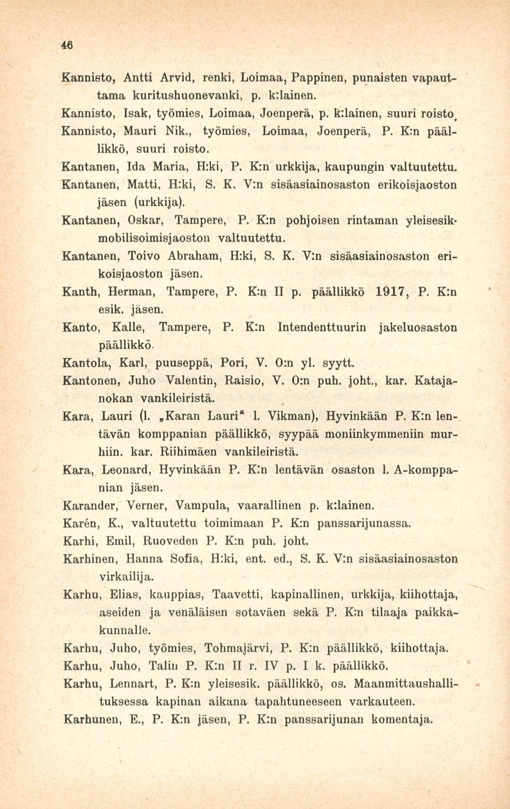46 Kannisto, Antti Arvid, renki, Loimaa, Pappinen, punaisten vapauttama kuritushuonevanki, p. krlainen. Kannisto, Isak, työmies, Loimaa, Joenperä, p. k:lainen, suuri roisto Kannisto, Mauri Nik.