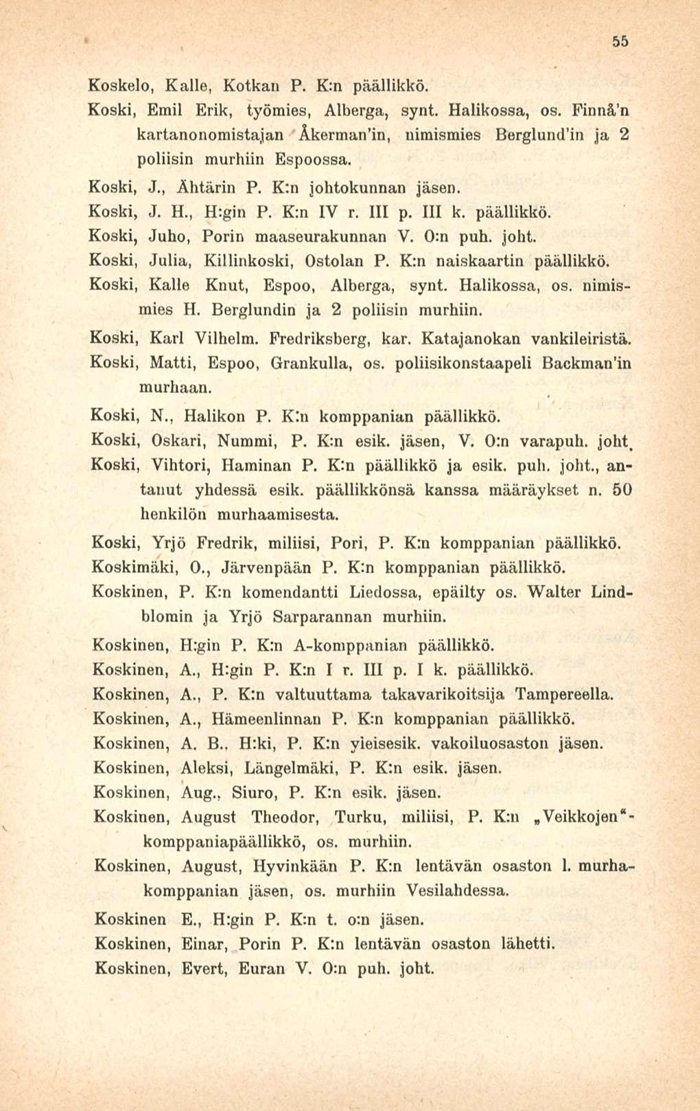 Koskelo, Kalle, Kotkan P. K:n päällikkö. Koski, Emil Erik, työmies, Alberga, synt. Halikossa, os. Finnå n kartanonomistajan Åkerman in, nimismies Berglundin ja 2 poliisin murhiin Espoossa. Koski, J.