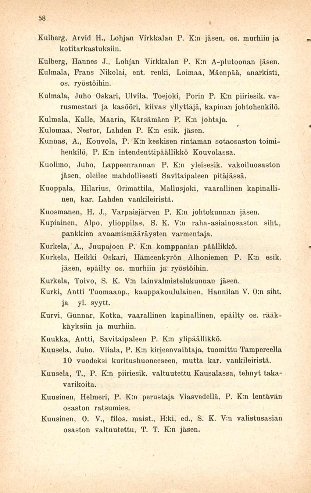 58 Kulberg, Arvid H., Lohjan Virkkalan P. K:n jäsen, os. murhiin ja kotitarkastuksiin. Kulberg, Hannes J., Lohjan Virkkalan P. K:n A-plutoonan Kulmala, Frans Nikolai, ent.