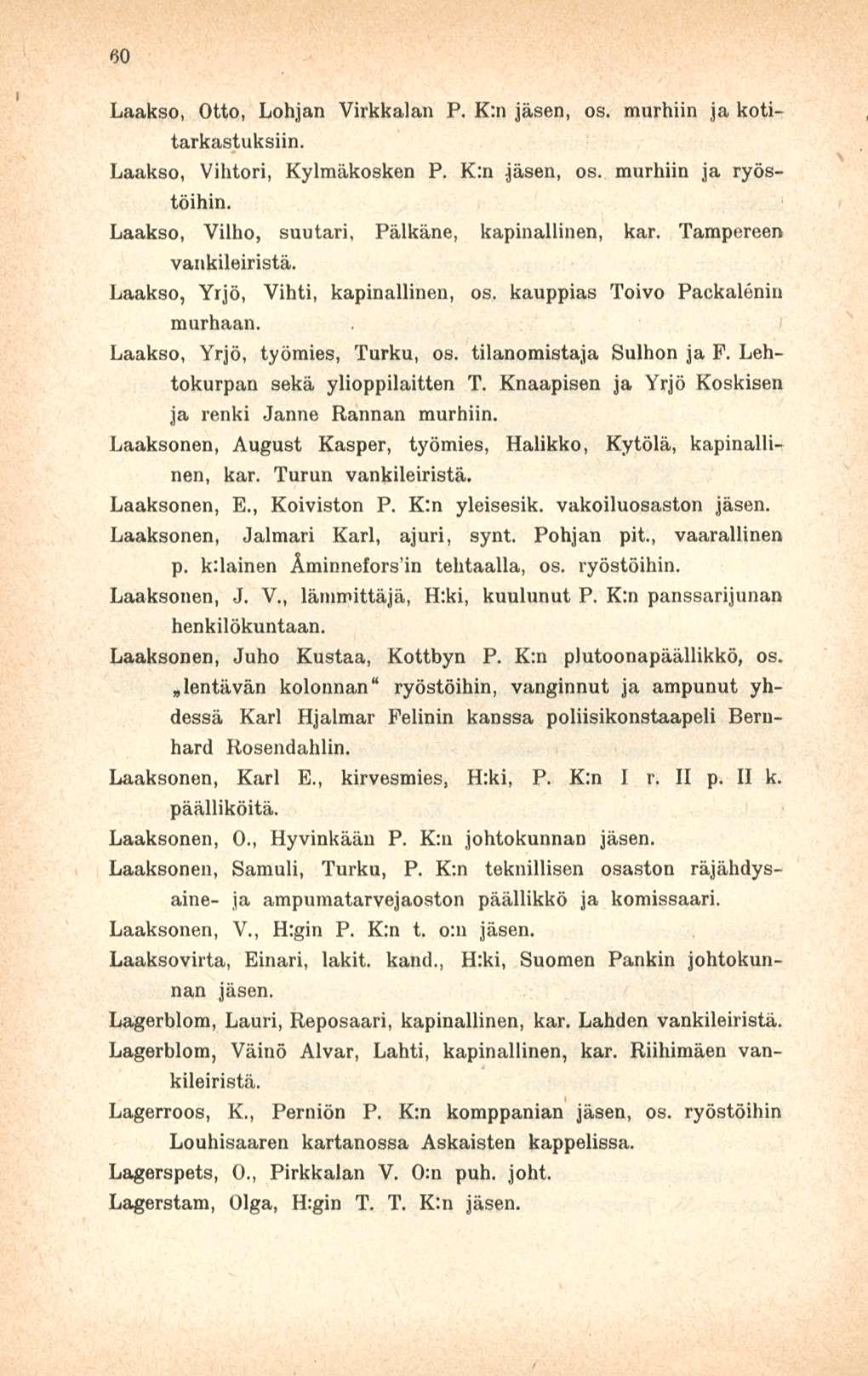 60 I Laakso, Otto, Lohjan Virkkalan P. K:n jäsen, os. murhiin ja kotitarkastuksiin. Laakso, Vihtori, Kylmäkosken P. K:n os. murhiin ja ryös töihin.
