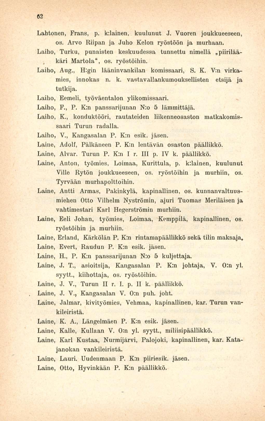 62 Lahtonen, Frans, p. k:lainen, kuulunut J. Vuoren joukkueeseen, os. Arvo Riipan ja Juho Kelon ryöstöön ja murhaan. Laiho, Turku, punaisten keskuudessa tunnettu nimellä piirilääkäri Martola", os.