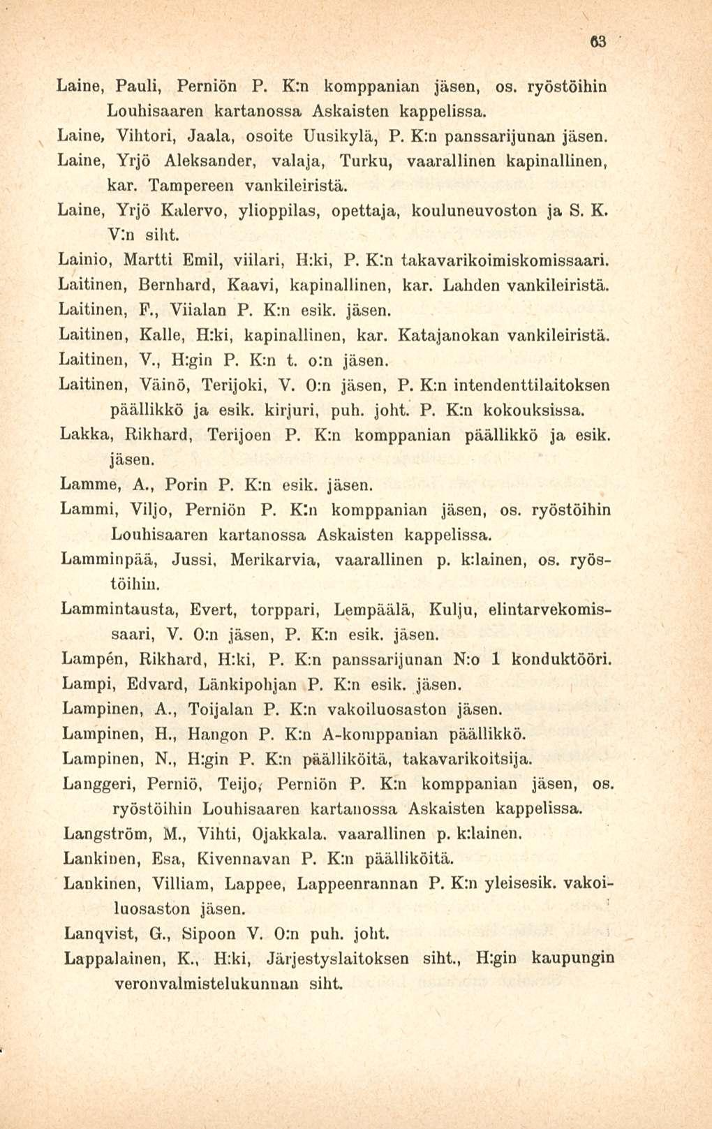 63 Laine, Pauli, Perniön P. K:n komppanian jäsen, os. ryöstöihin Louhisaaren kartanossa Askaisten kappelissa. Laine, Vihtori, Jaala, osoite Uusikylä, P.