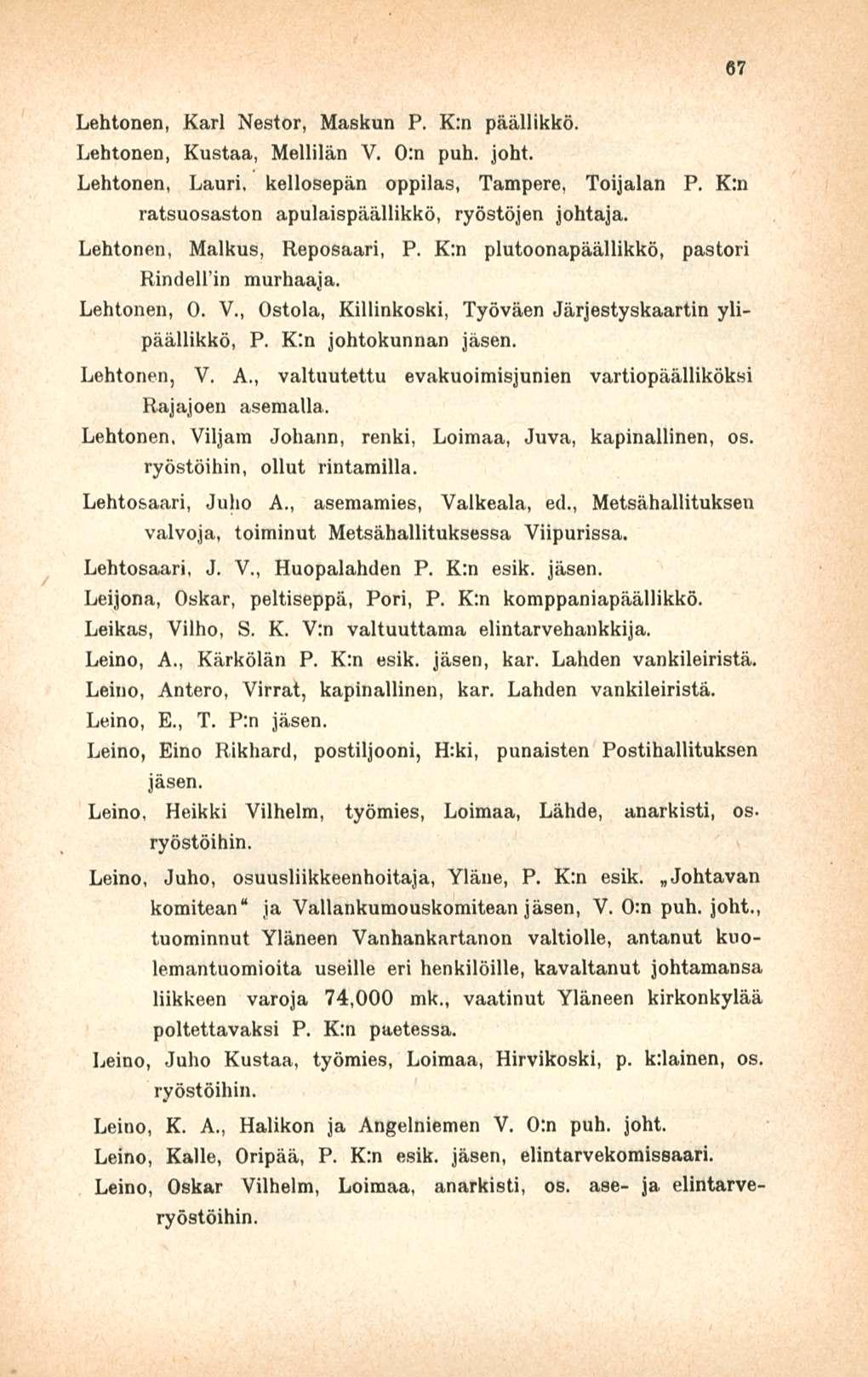 Lehtonen, Karl Nestor, Maskun P. K:n päällikkö Lehtonen, Kustaa, Mellilän V. 0:n puh. joht. Lehtonen, Lauri, kellosepän oppilas, Tampere, Toijalan P.