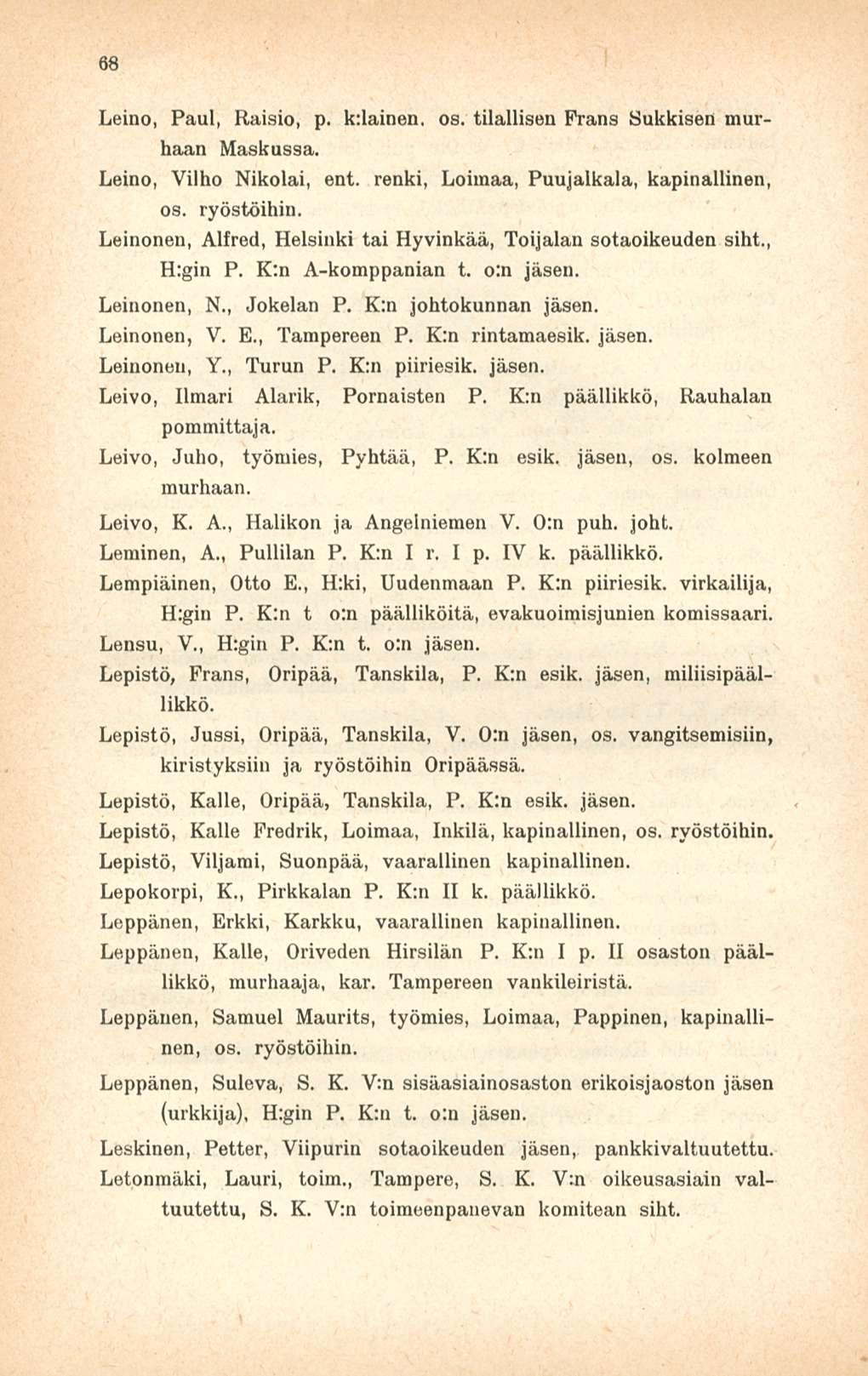 68 Leino, Paul, Raisio, p. k:lainen, os. tilallisen Frans Sukkisen murhaan Maskussa. Leino, Vilho Nikolai, ent. renki, Loimaa, Puujalkala, kapinallinen, os. ryöstöihin.