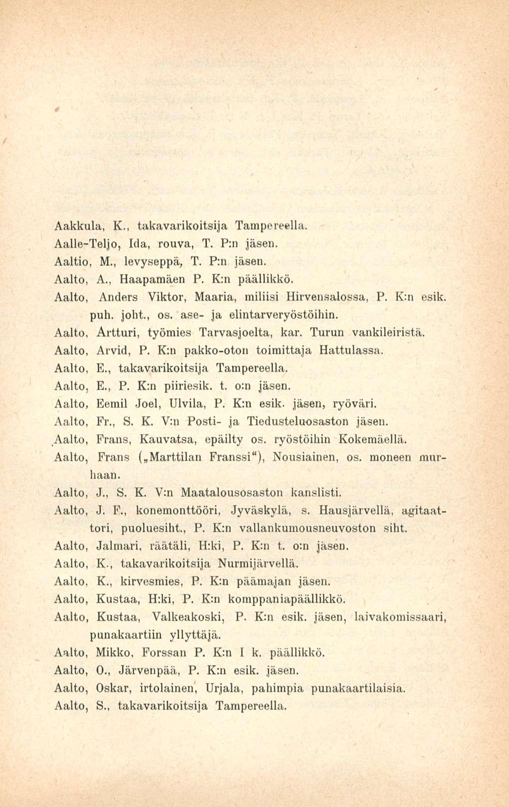 Aakkula, K., takavarikoitsija Tampereella. Aalle-Teljo, Ida, rouva, T. P:n Aaltio, M., levyseppä, T. P:n Aalto, A., Haapamäen P. K:n päällikkö. Aalto, Anders Viktor, Maaria, miliisi Hirvensalossa, P.