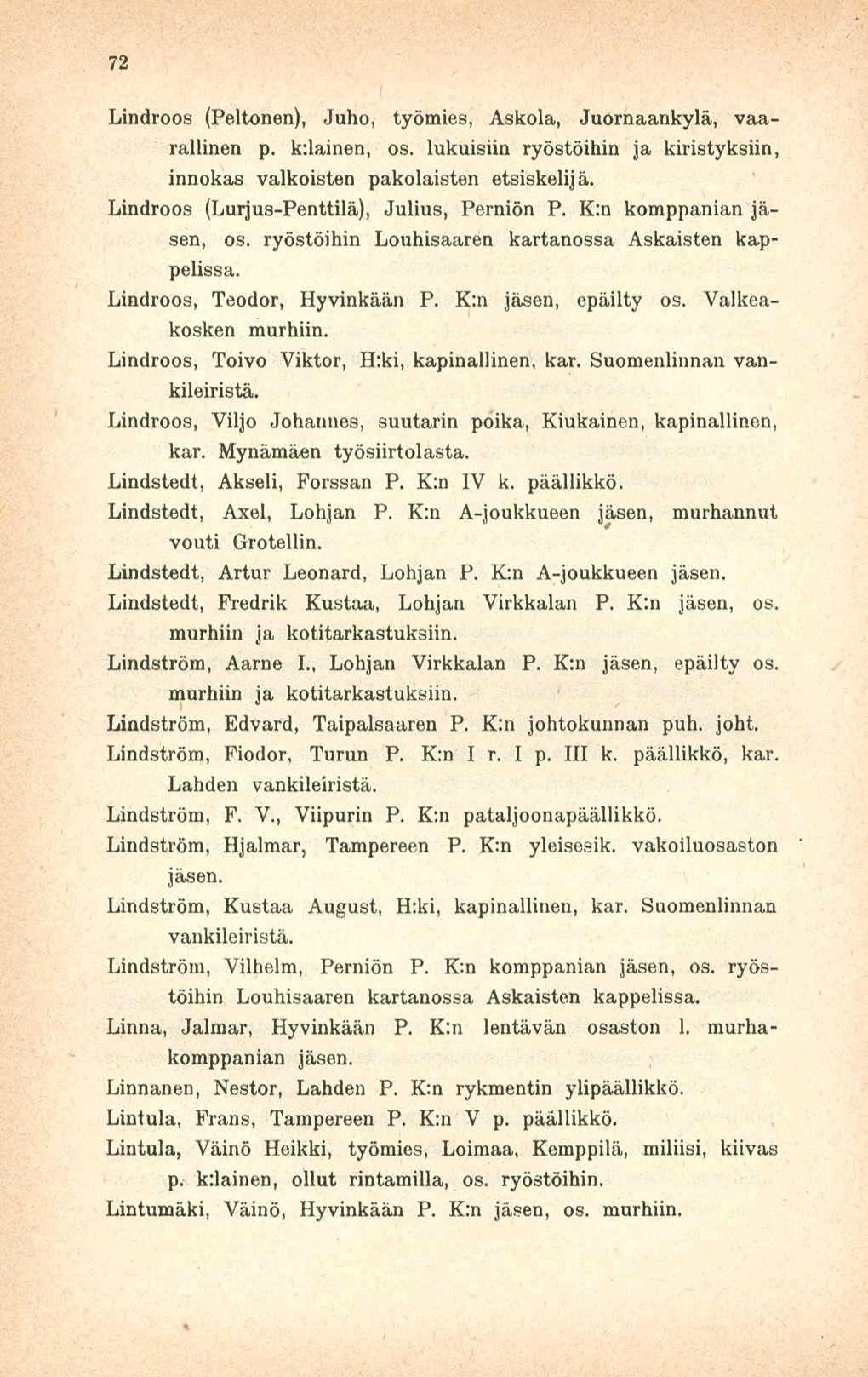 72 Lindroos (Peltonen), Juho, työmies, Askola, Juornaankylä, vaarallinen p. kilainen, os. lukuisiin ryöstöihin ja kiristyksiin, innokas valkoisten pakolaisten etsiskellä.
