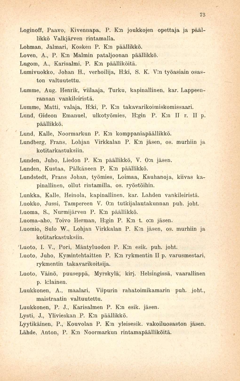 Loginoff, Paavo, Kivennapa, P. K:n joukkojen opettaja ja päällikkö Valkjärven rintamalla. Lohman, Jalmari, Kosken P. K:n päällikkö. Loven, A., P. K;n Malmin pataljoonan päällikkö. Lugom, A.