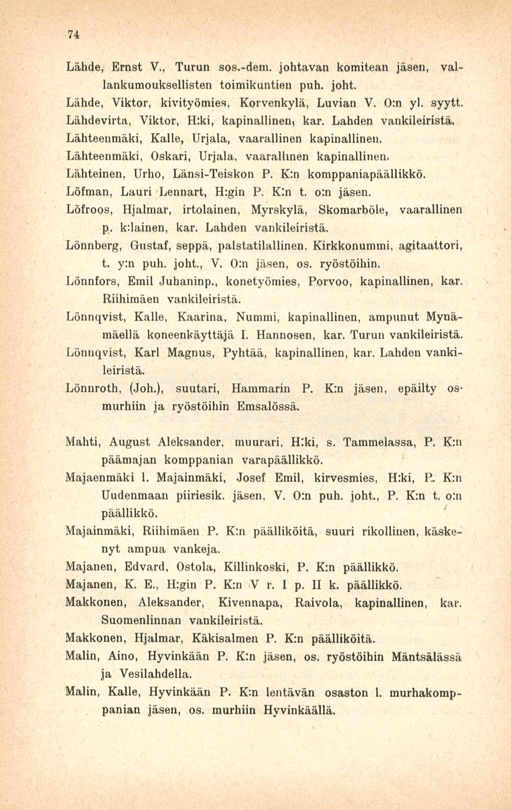 74 Lähde, Ernst V., Turun sos.-dem. johtavan komitean jäsen, vallankumouksellisten toimikuntien puh. joht. Lähde, Viktor, kivityömies, Korvenkylä, Luvian V. 0:n yl. syytt.