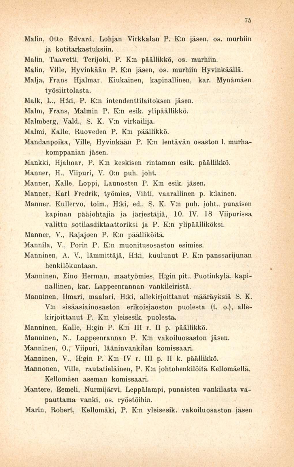 Malin, Otto Edvard, Lohjan Virkkalan P. K:n jäsen, os. murhiin ja kotitarkastuksiin. Malin, Taavetti, Terijoki, P. K;n päällikkö, os. murhiin. Malin, Ville, Hyvinkään P. K:n jäsen, os. murhiin Hyvinkäällä.