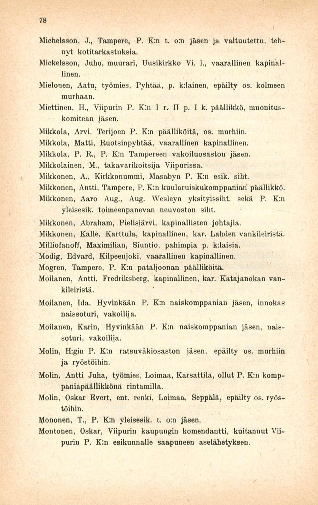 78 Michelsson, J., Tampere, P. K:n t. o:n jäsen ja valtuutettu, teh nyt kotitarkastuksia. Mickelsson, Juho, muurari, Uusikirkko Vi. 1., vaarallinen kapinallinen. Mielonen, Aatu, työmies, Pyhtää, p.
