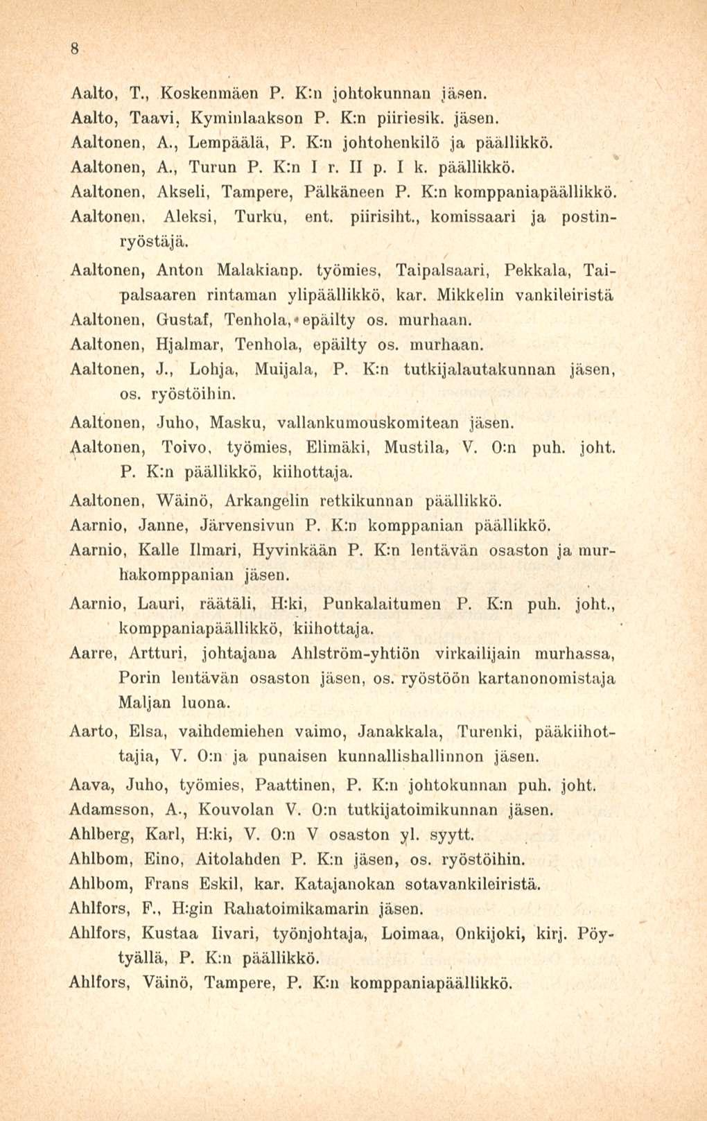 8 Aalto, T., Koskenmäen P. K:n johtokunnan Aalto, Taavi. Kyminlaakson P. K:n piiriesik. Aaltonen, A., Lempäälä, P. K:n johtohenkilö ja päällikkö. Aaltonen, A., Turun P. K:n I r. II p. I k. päällikkö. Aaltonen, Akseli, Tampere, Pälkäneen P.