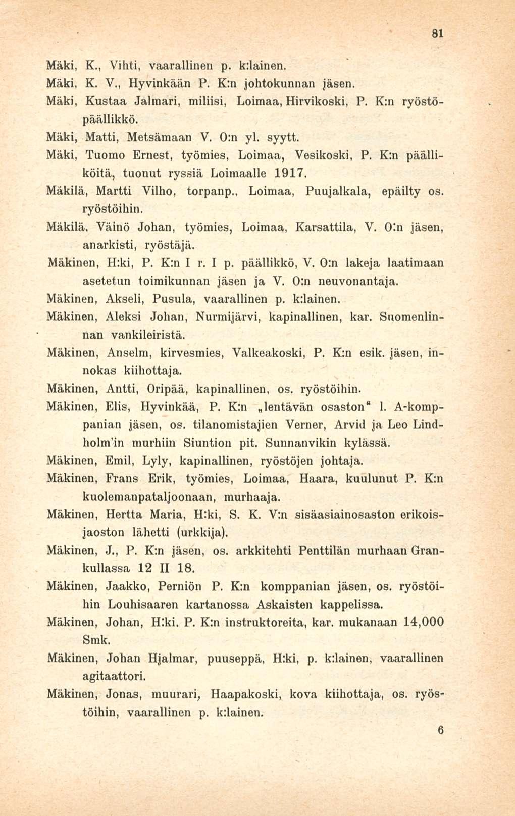Mäki, K., Vihti, vaarallinen p. k:lainen. Mäki, K. V., Hyvinkään P. K:n johtokunnan Mäki, Kustaa Jalmari, miliisi, Loimaa, Hirvikoski, P. K:n ryöstöpäällikkö. Mäki, Matti, Metsämaan V. 0:n yl. syytt.