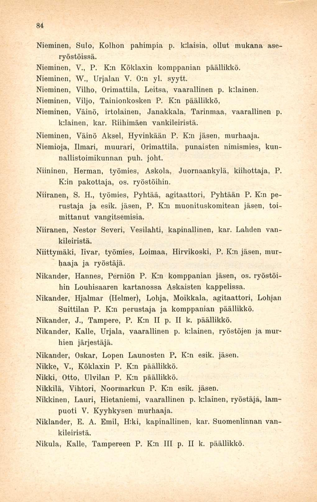 84 Nieminen, Sulo, Kolhon pahimpia p. k:laisia, ollut mukana aseryöstöissä. Nieminen, V., P. K:n Köklaxin komppanian päällikkö. Nieminen, W., Urjalan V. 0:n yl. syytt.
